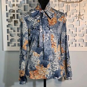 Vintage 70s Mardi Modes Floral Bow Blouse Blue Orange Size M USA Made